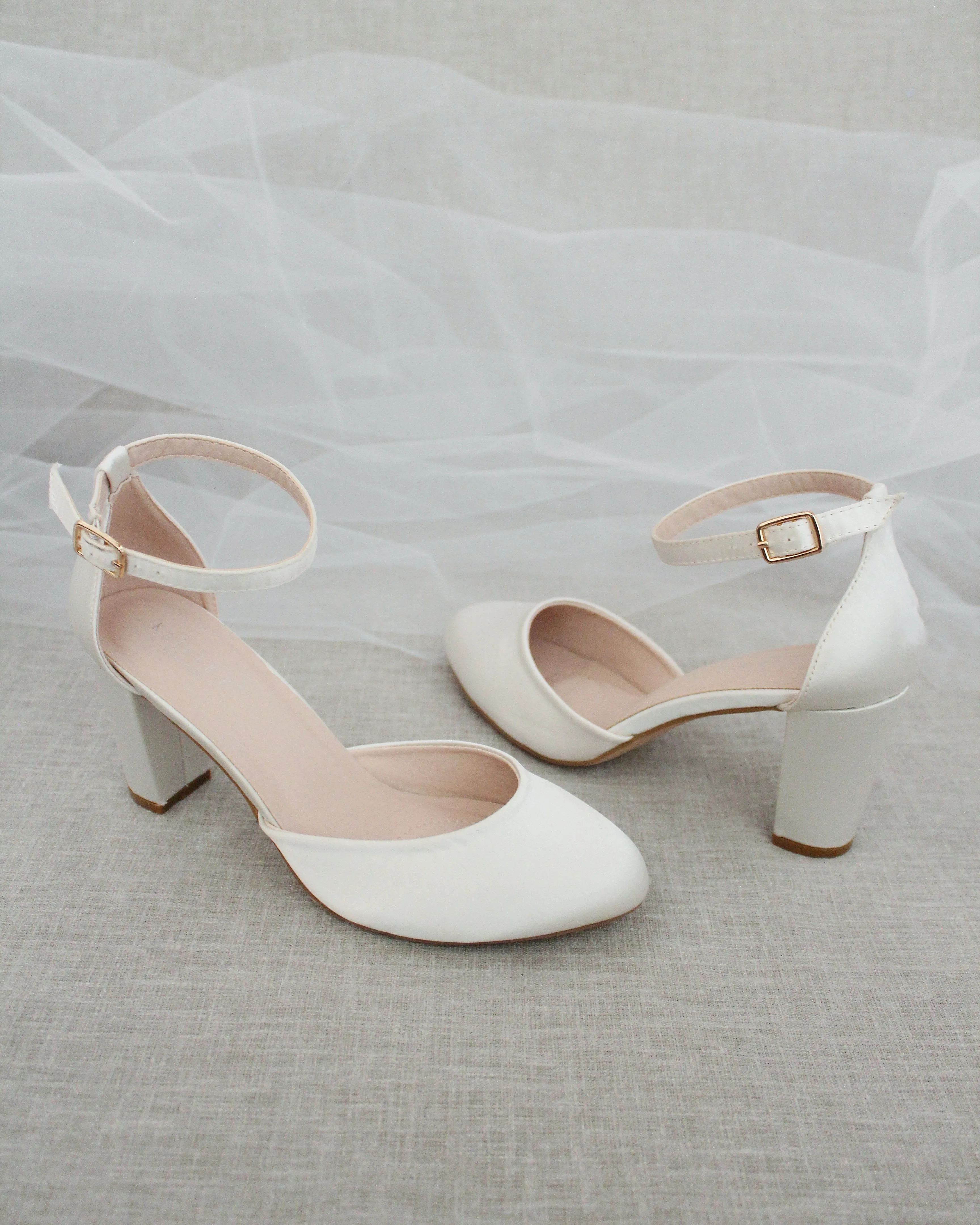 Ivory Satin Block Heel with Ankle Strap