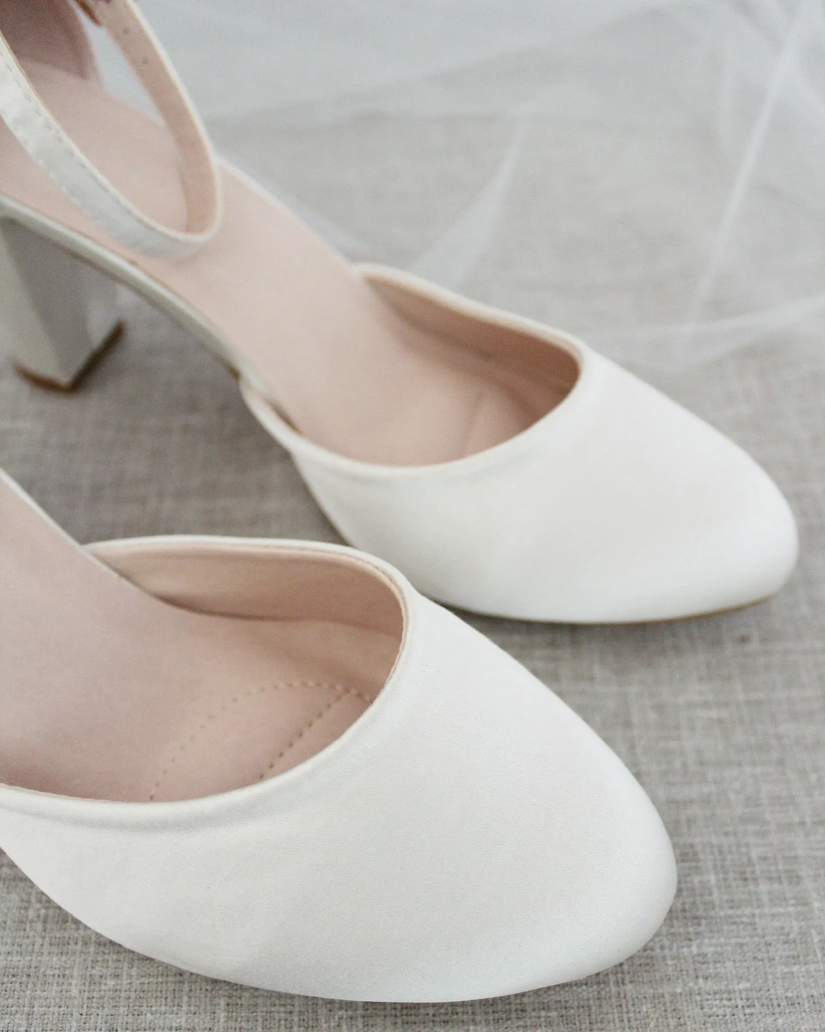 Ivory Satin Block Heel with Ankle Strap