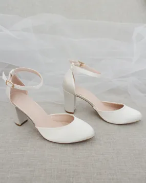 Ivory Satin Block Heel with Ankle Strap