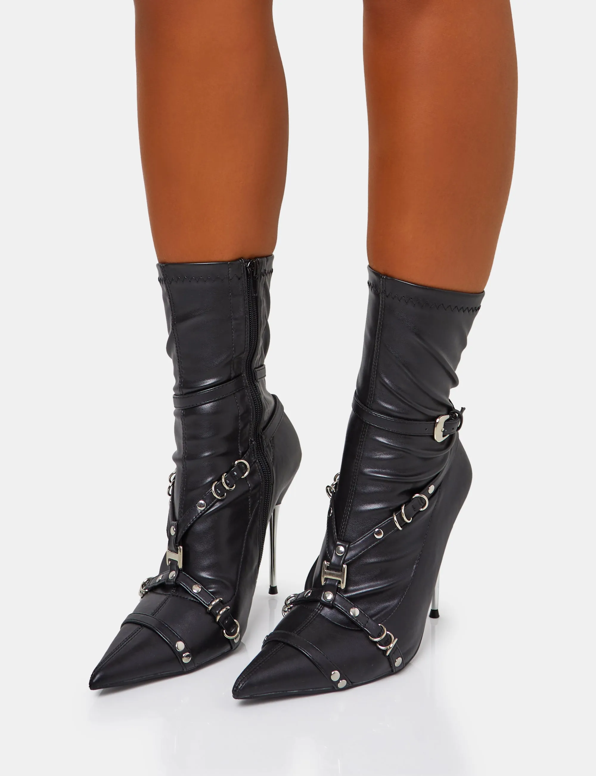 Joyride Black Pu Strappy Buckle Harness Detail Pointed Toe Stilleto Sock Ankle Boots