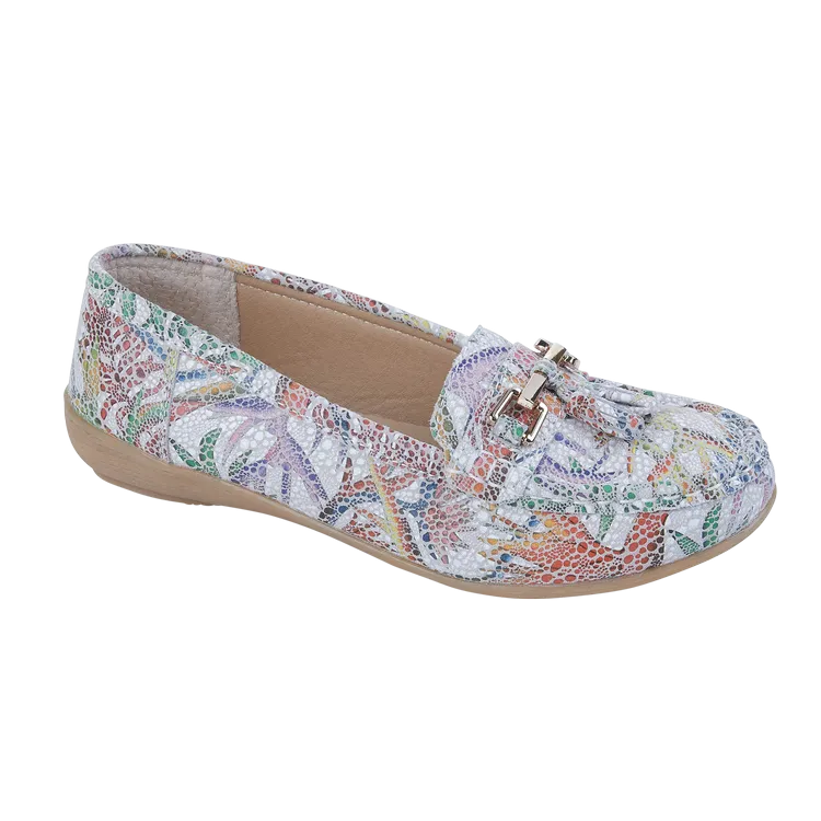 Ladies Leather Slip on White Multi Shoes Rio Flat Jo & Joe