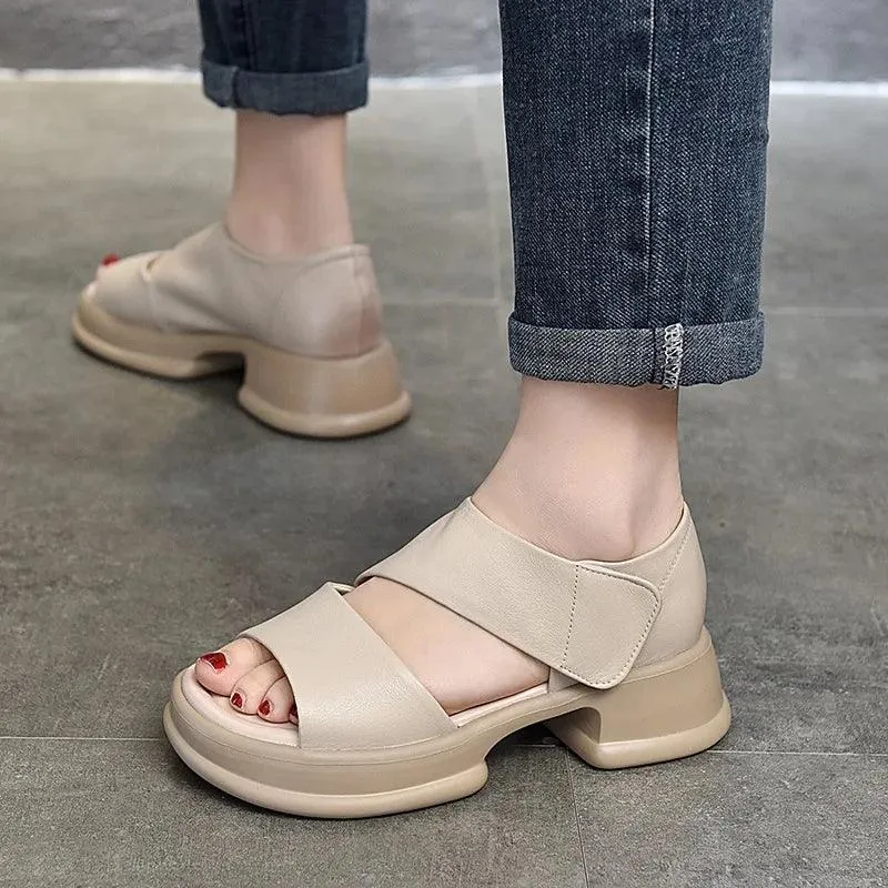 Leather Women's Casual Shoes - GQ204 Thick Bottom Wedges Heel Flat Sandals