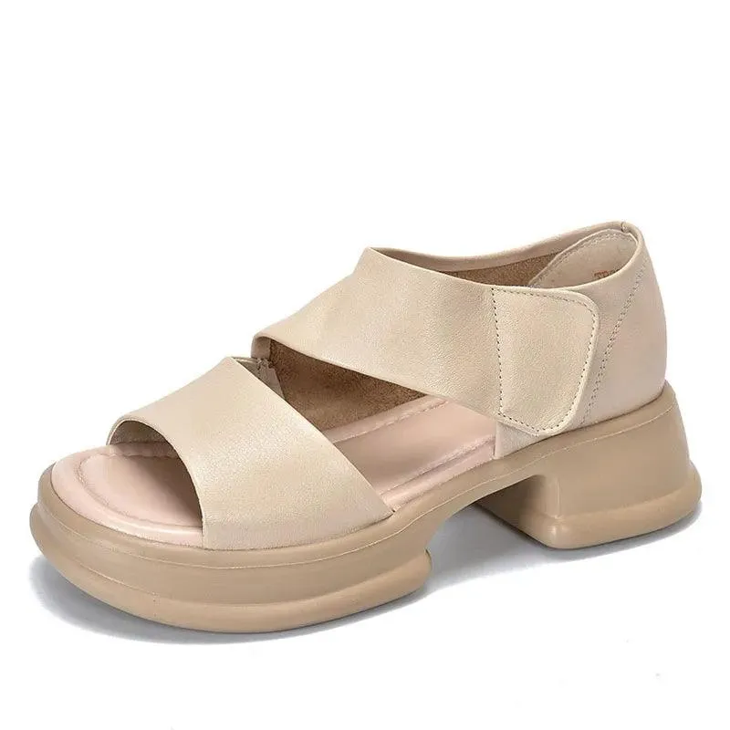 Leather Women's Casual Shoes - GQ204 Thick Bottom Wedges Heel Flat Sandals