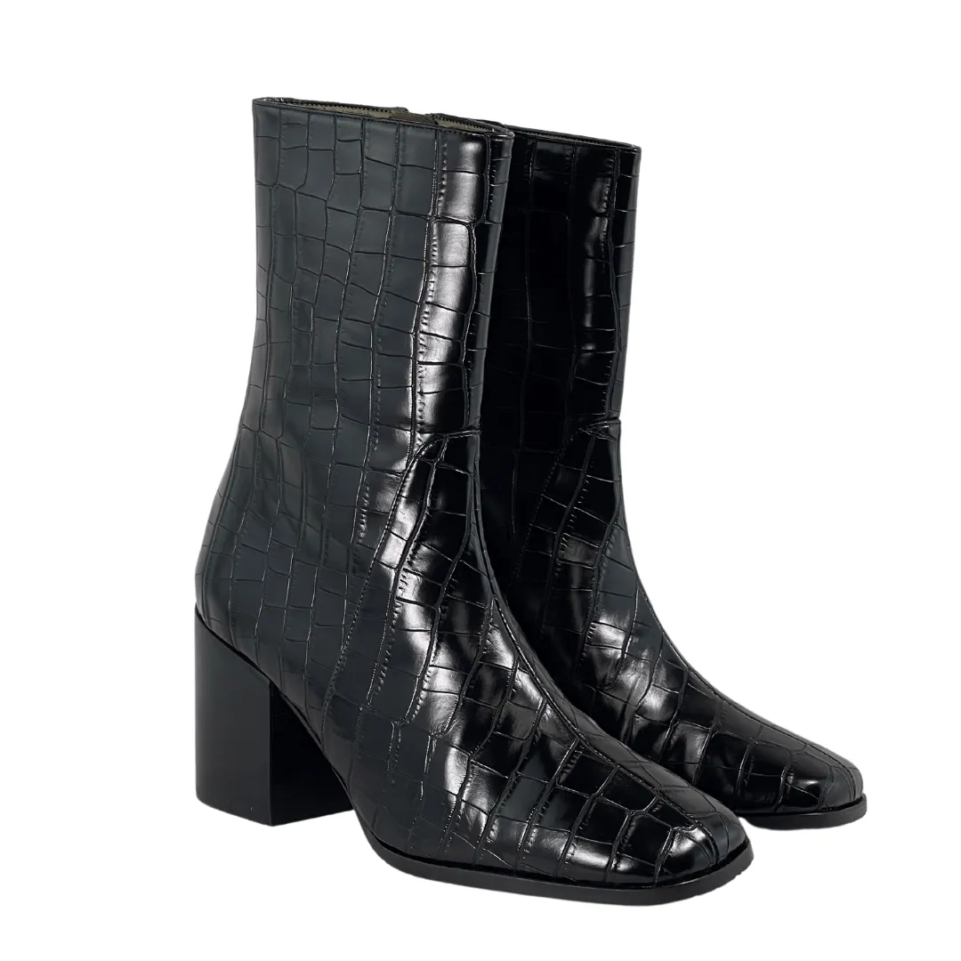 'Menos' vegan mid-calf boot by Zette Shoes - black faux-croc