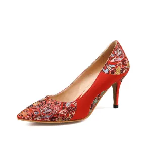 Pointed Toe Flower Printed Red Pumps Women Stiletto High Heels Shoes 5806