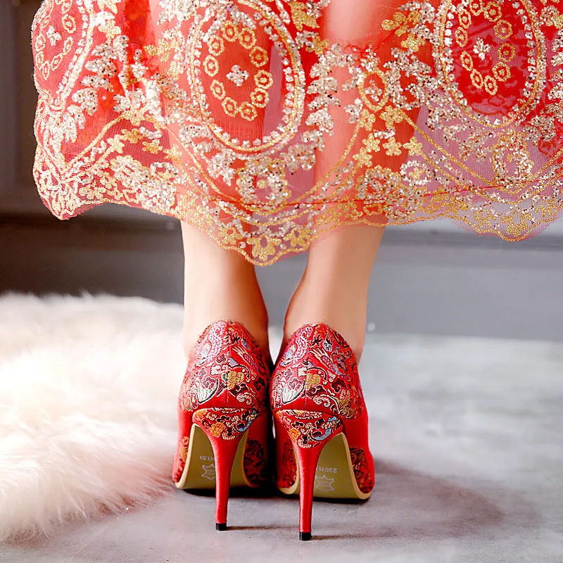 Pointed Toe Flower Printed Red Pumps Women Stiletto High Heels Shoes 5806