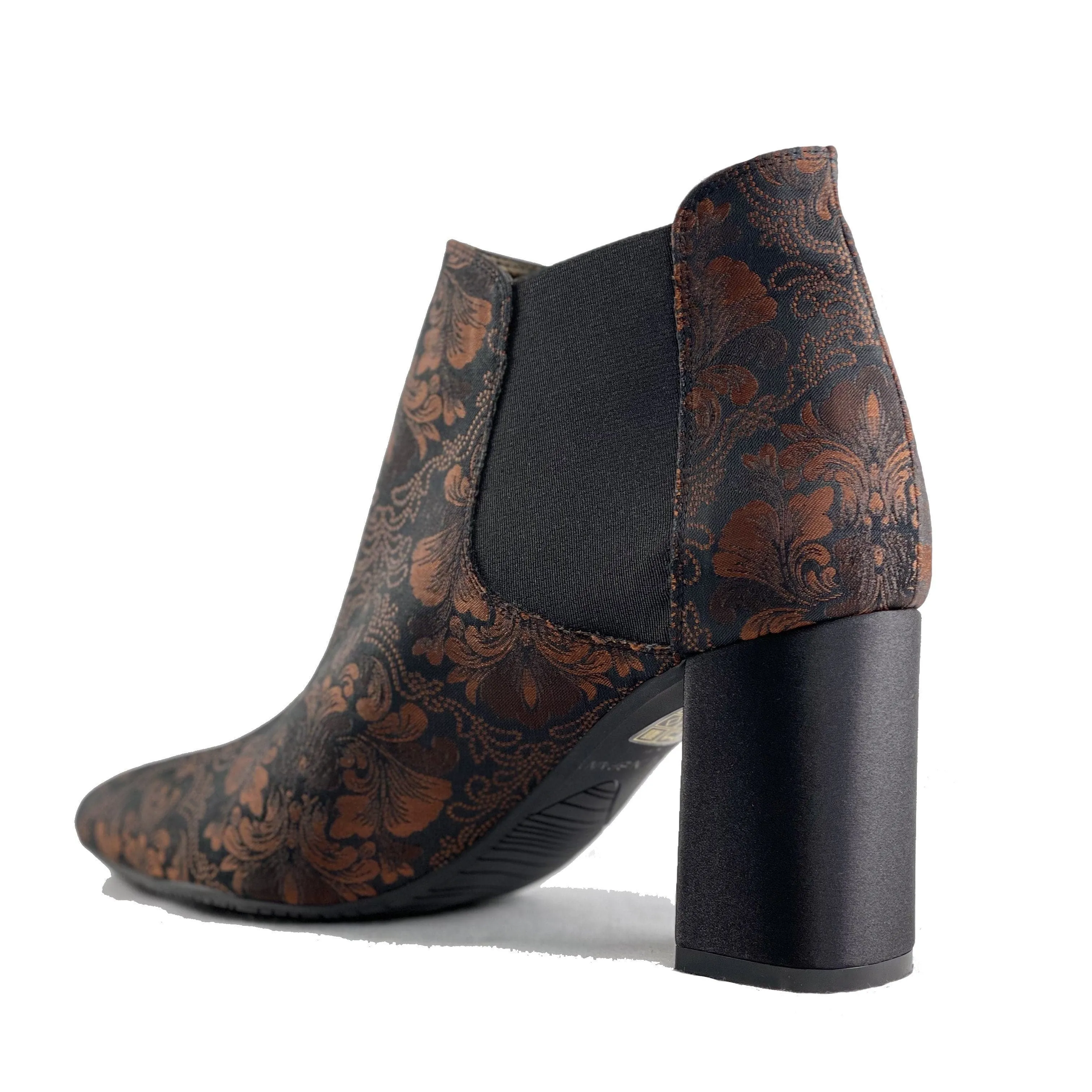 'Rachel' vegan Chelsea bootie by Zette Shoes - black/chocolate brocade