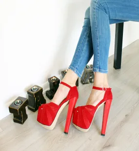 Red Fillet Peep Toe Ankle Strap 19 cm High Heels