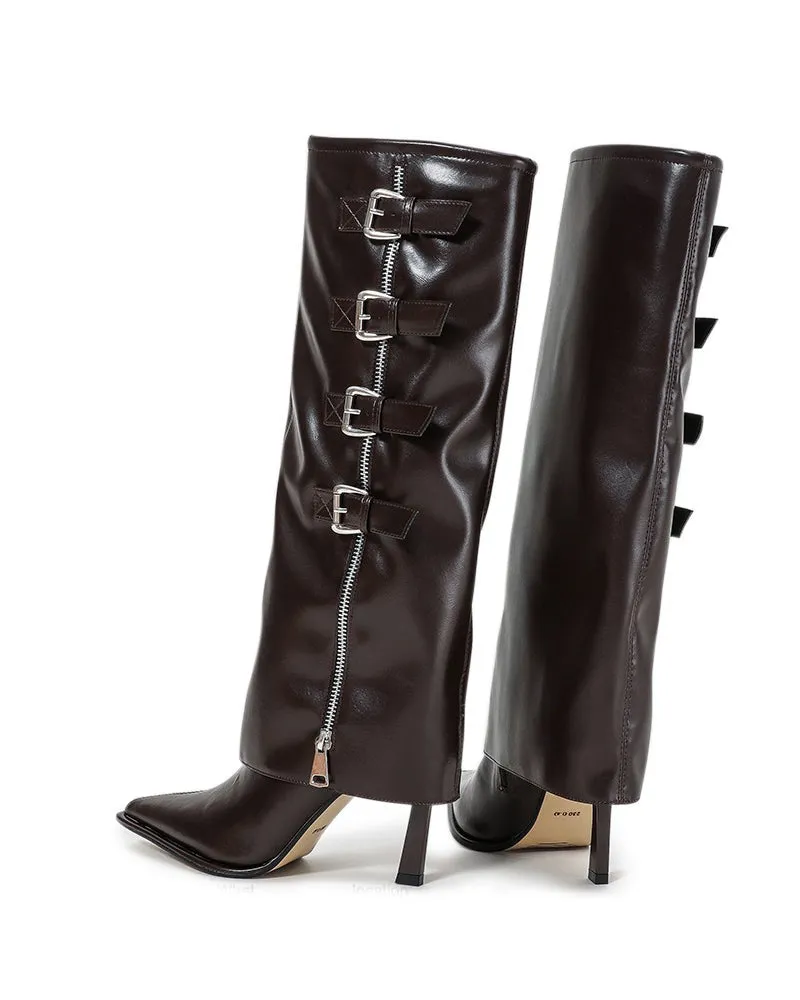 Side Zipper Knee High Fold Over Stiletto Heel Boots