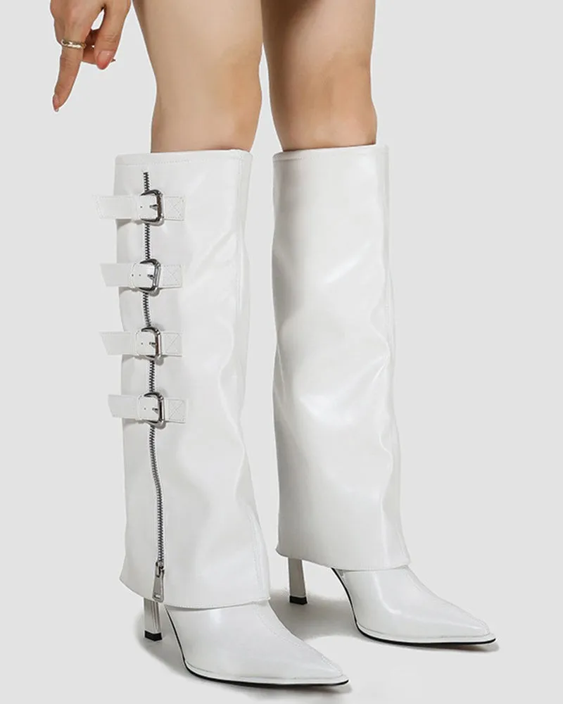 Side Zipper Knee High Fold Over Stiletto Heel Boots