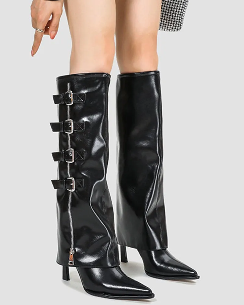 Side Zipper Knee High Fold Over Stiletto Heel Boots