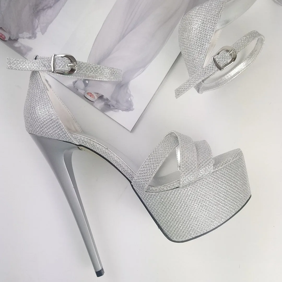 Silver Shimmer Cross Strap Platforms