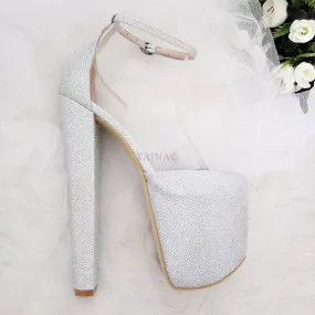 Silver Shiny Ankle Strap High Heel Women Shoes