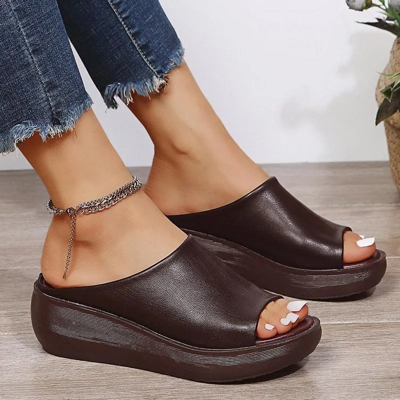 Slip-on Leather Wedge Sandals