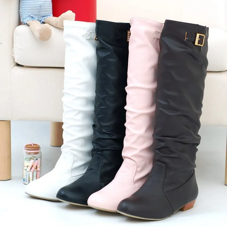 Soft Leather Buckle Tall Boots Low Heels for Women 3953