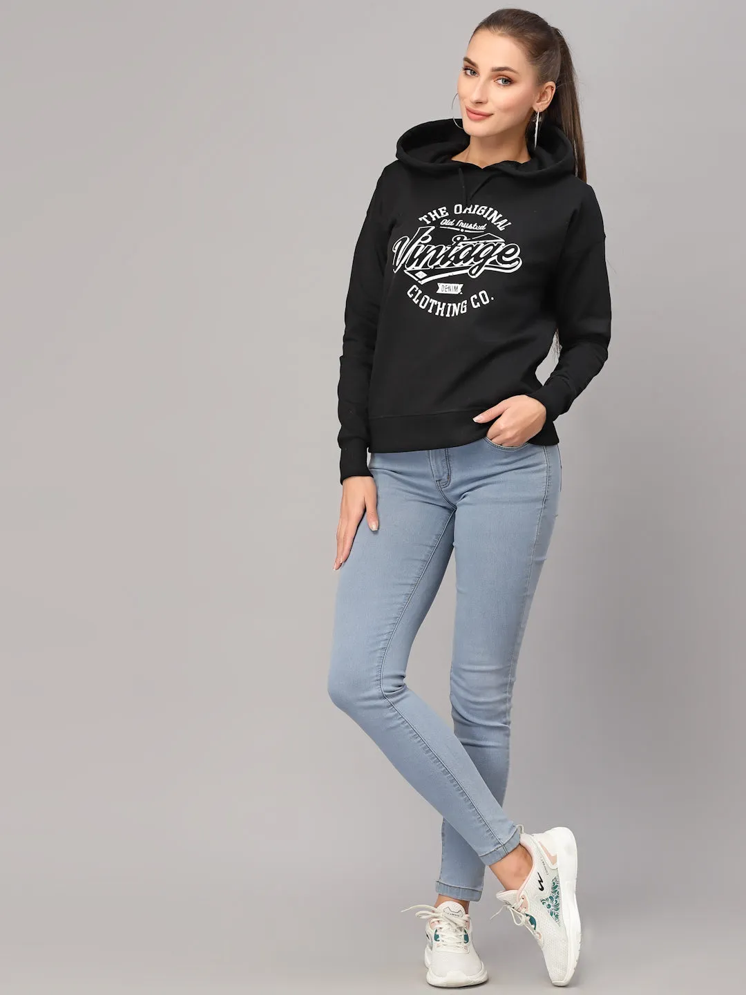 Style Quotient Women Black Printed Hooded Sweatshirt