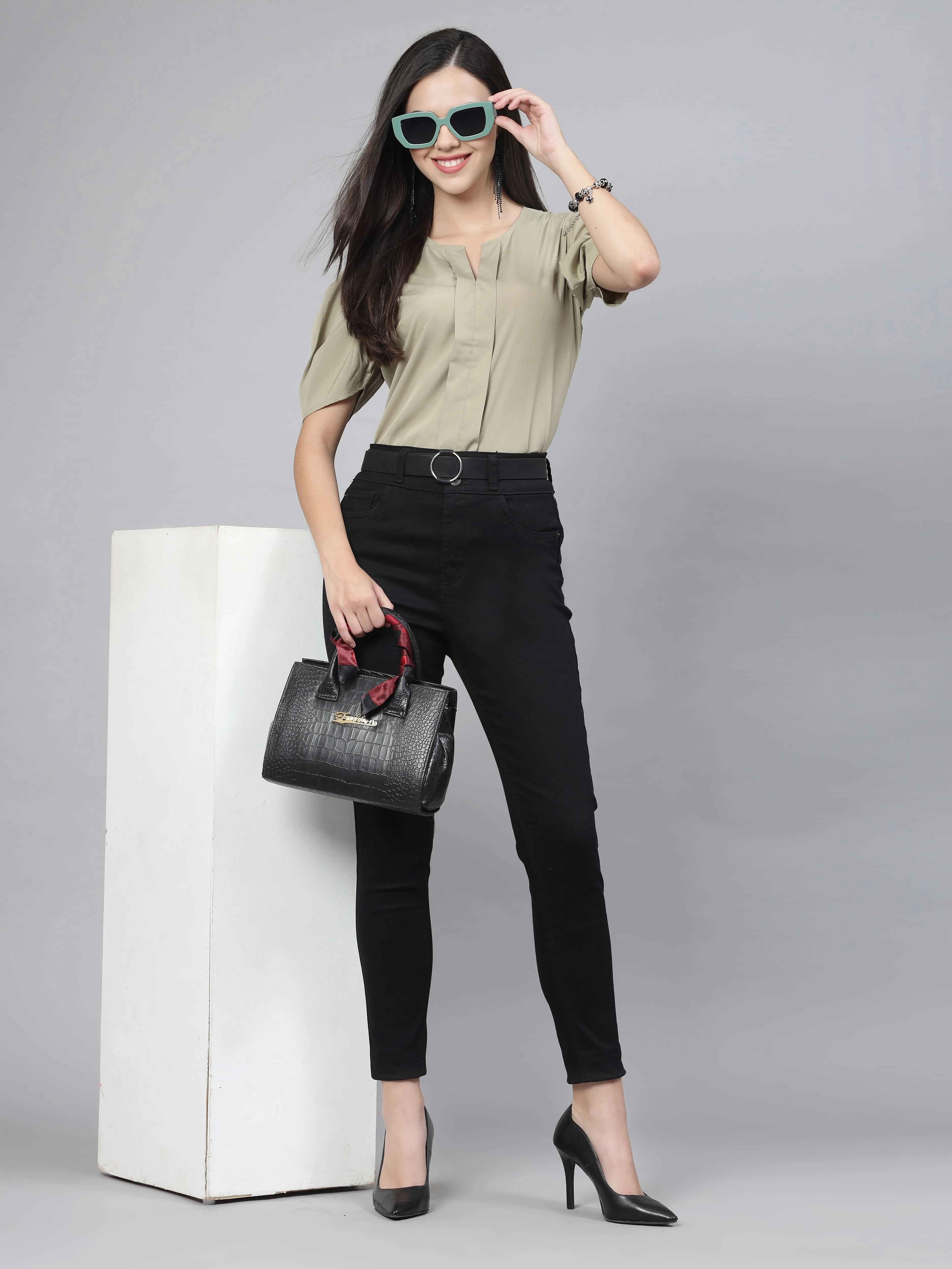 Style Quotient Women Green Solid Polyester Regular Smart Casual Top