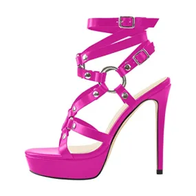 VERISSON Women's Grommets Stiletto Sandals Platform High Heels Cross Bands Open Toe Buckle-up Ankle Sandals Party Dressing Magenta Size 8