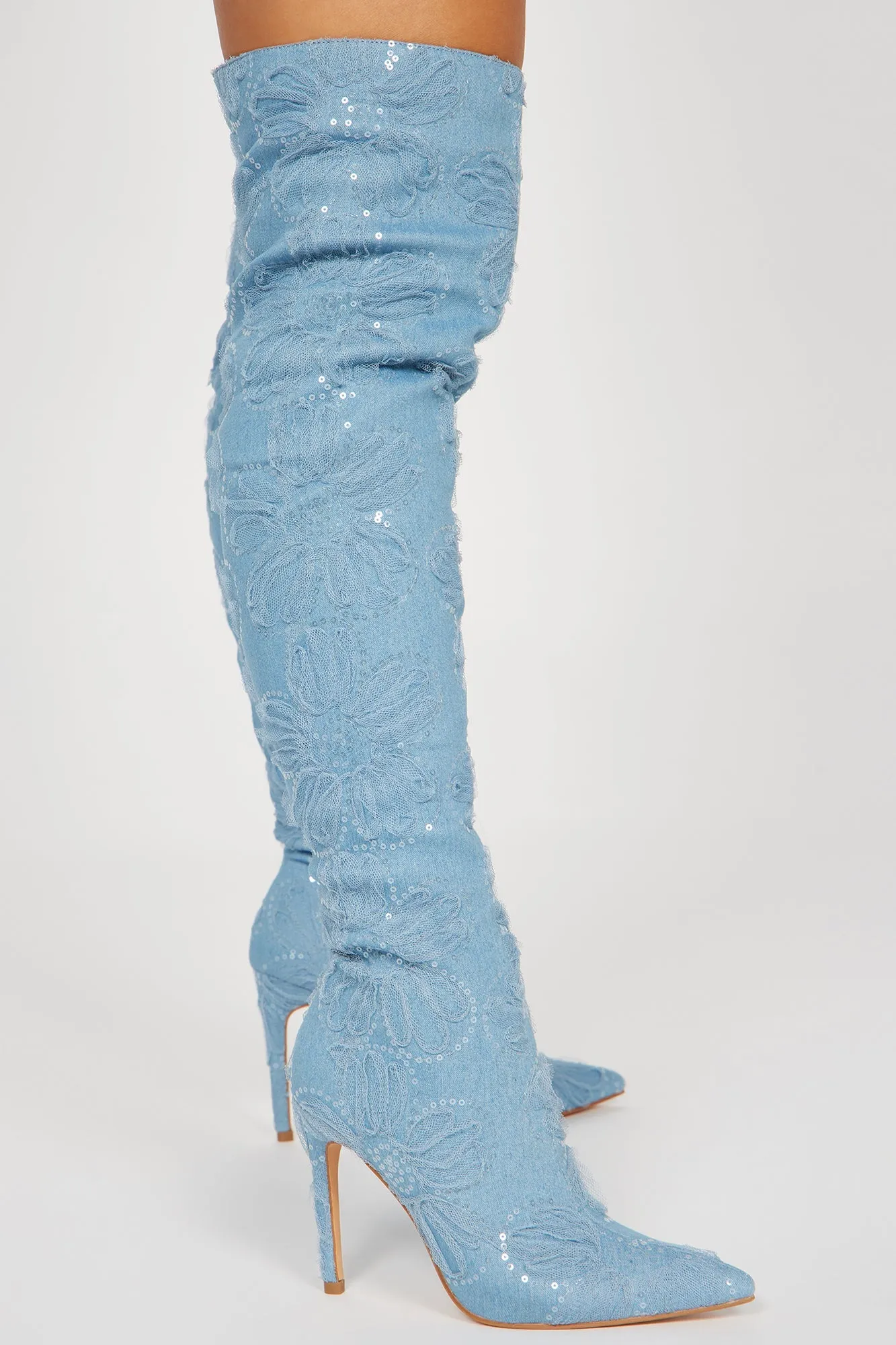 Wallflower Knee High Heeled Boots - Denim