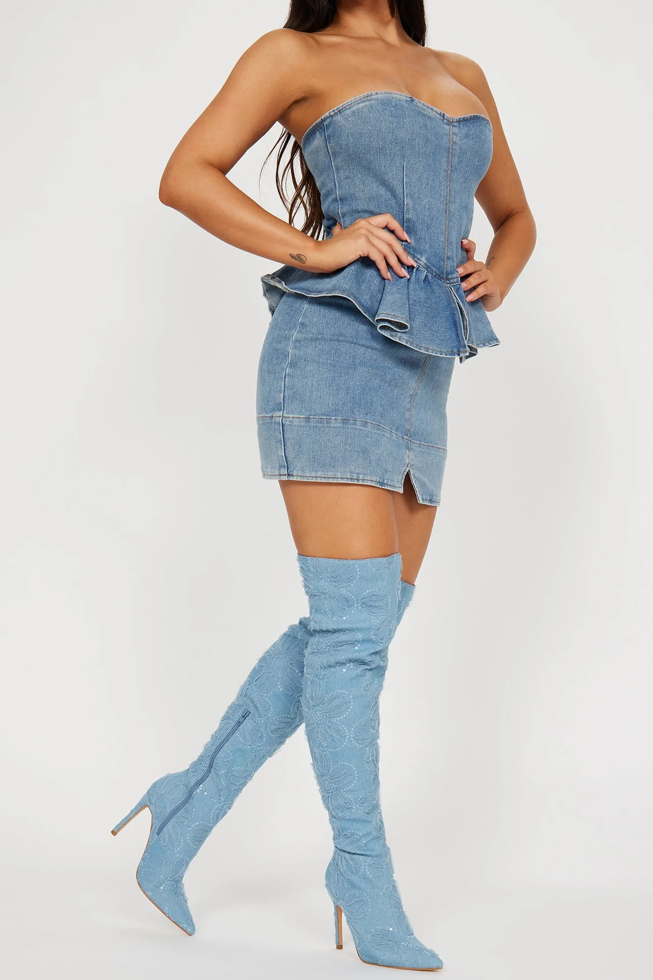 Wallflower Knee High Heeled Boots - Denim