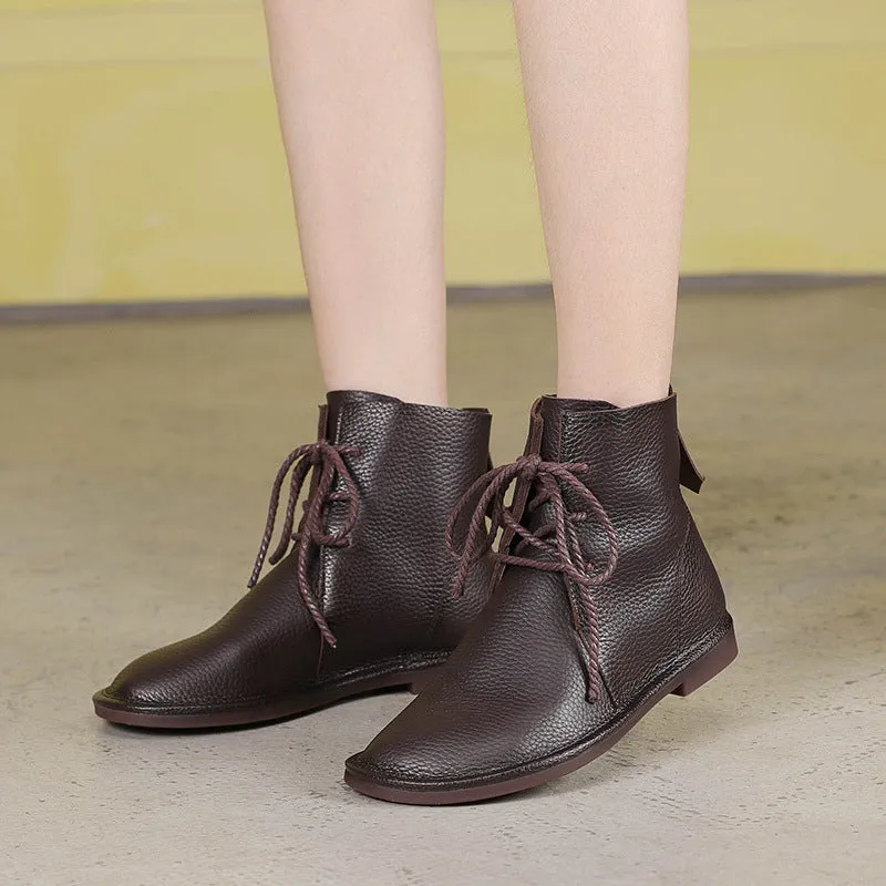 Women Autumn Retro Soft Leather Casual Flat Boots