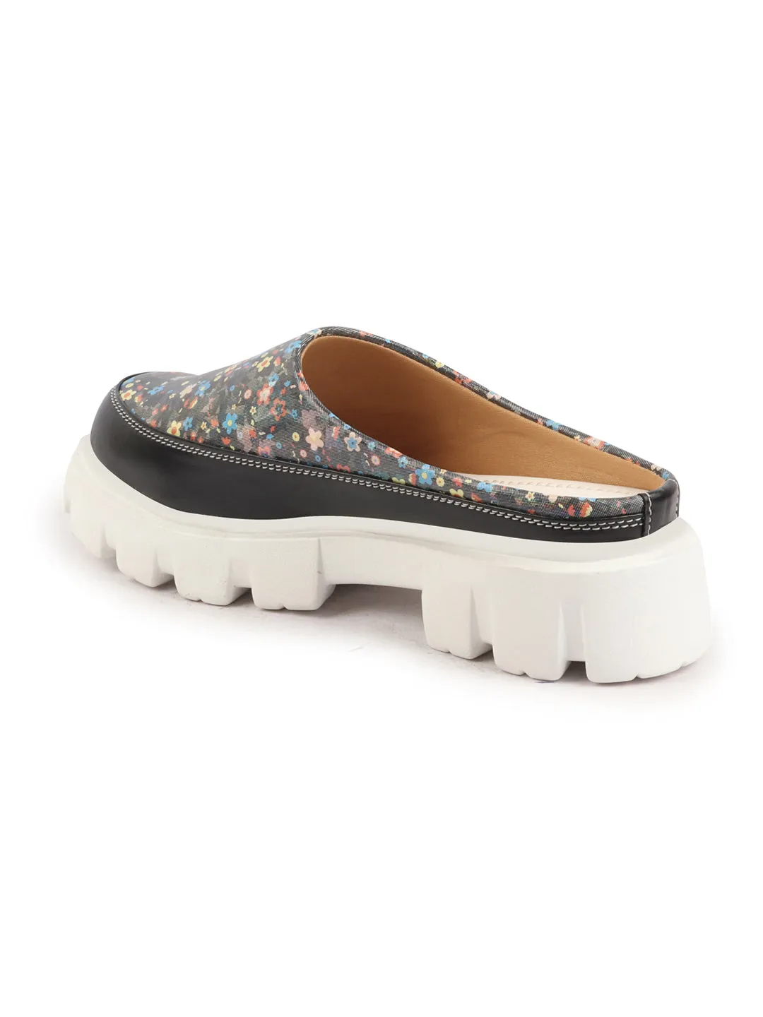 Women Black Stiched Floral Print Back Open Height Enhancer Slip On Casual Shoes