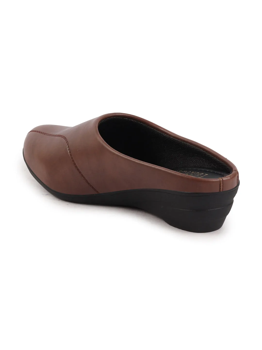 Women Brown Formal Back Open Platform Wedge Heel Slip On Mule Shoes