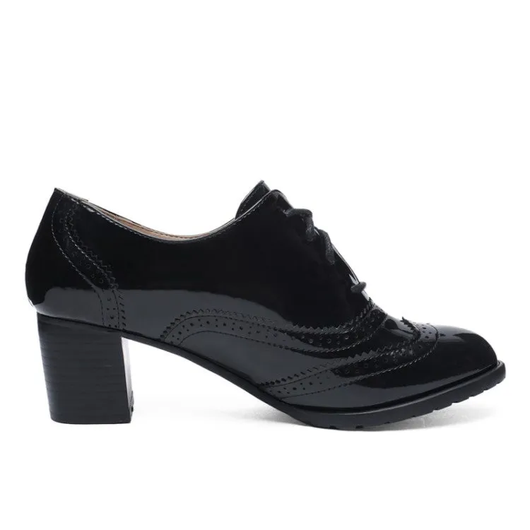 Women Lace Up Carved Block Heel Platform OXford Shoes