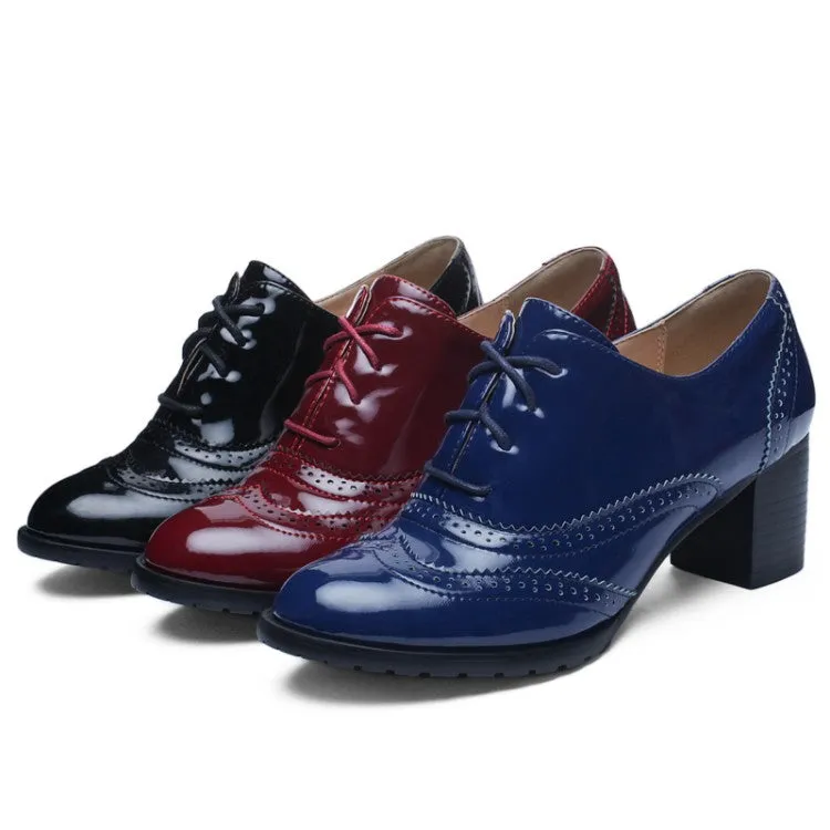 Women Lace Up Carved Block Heel Platform OXford Shoes