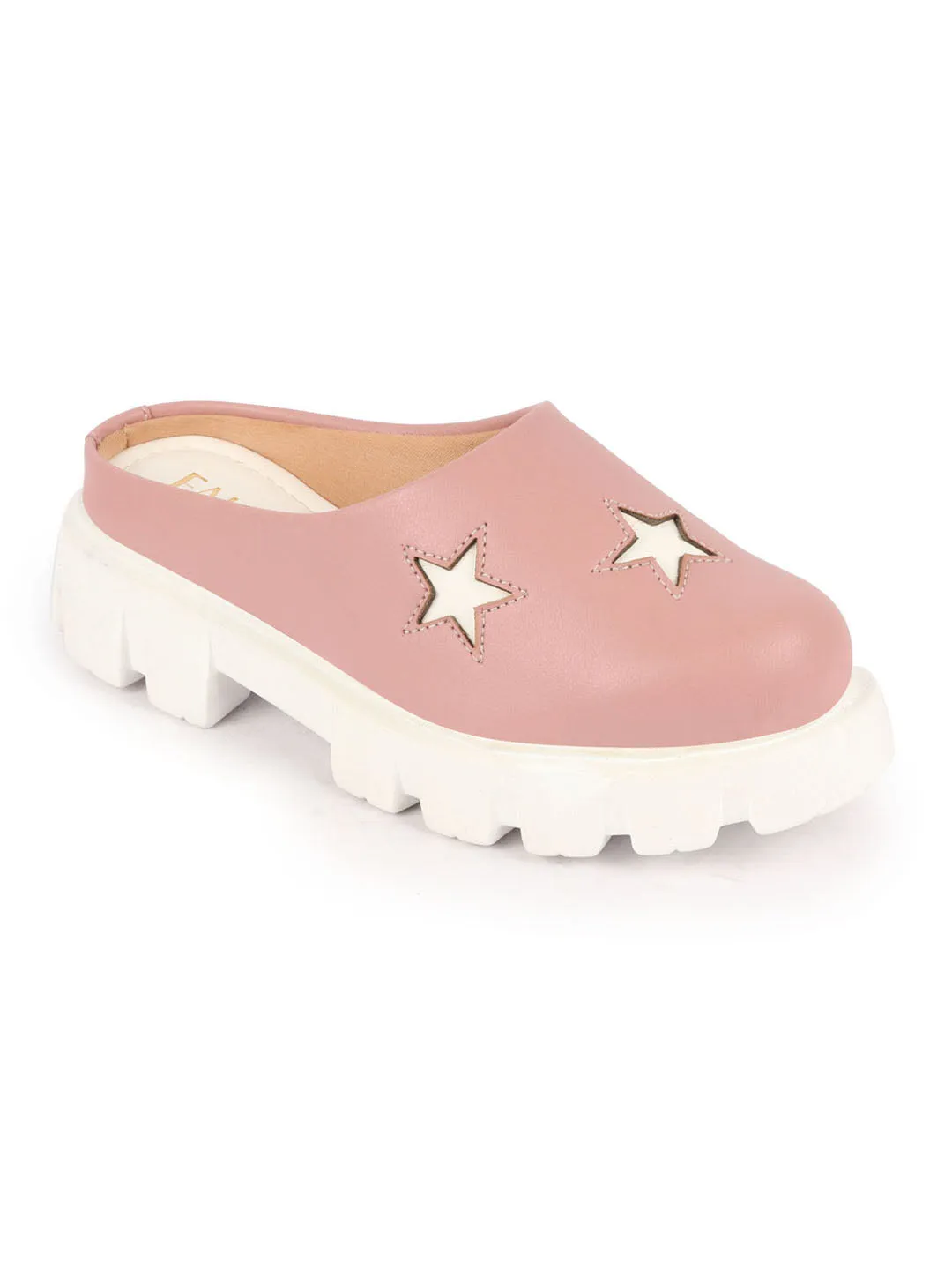 Women Peach Laser Cut Star Open Back Height Enhancer Slip On Casual Shoes