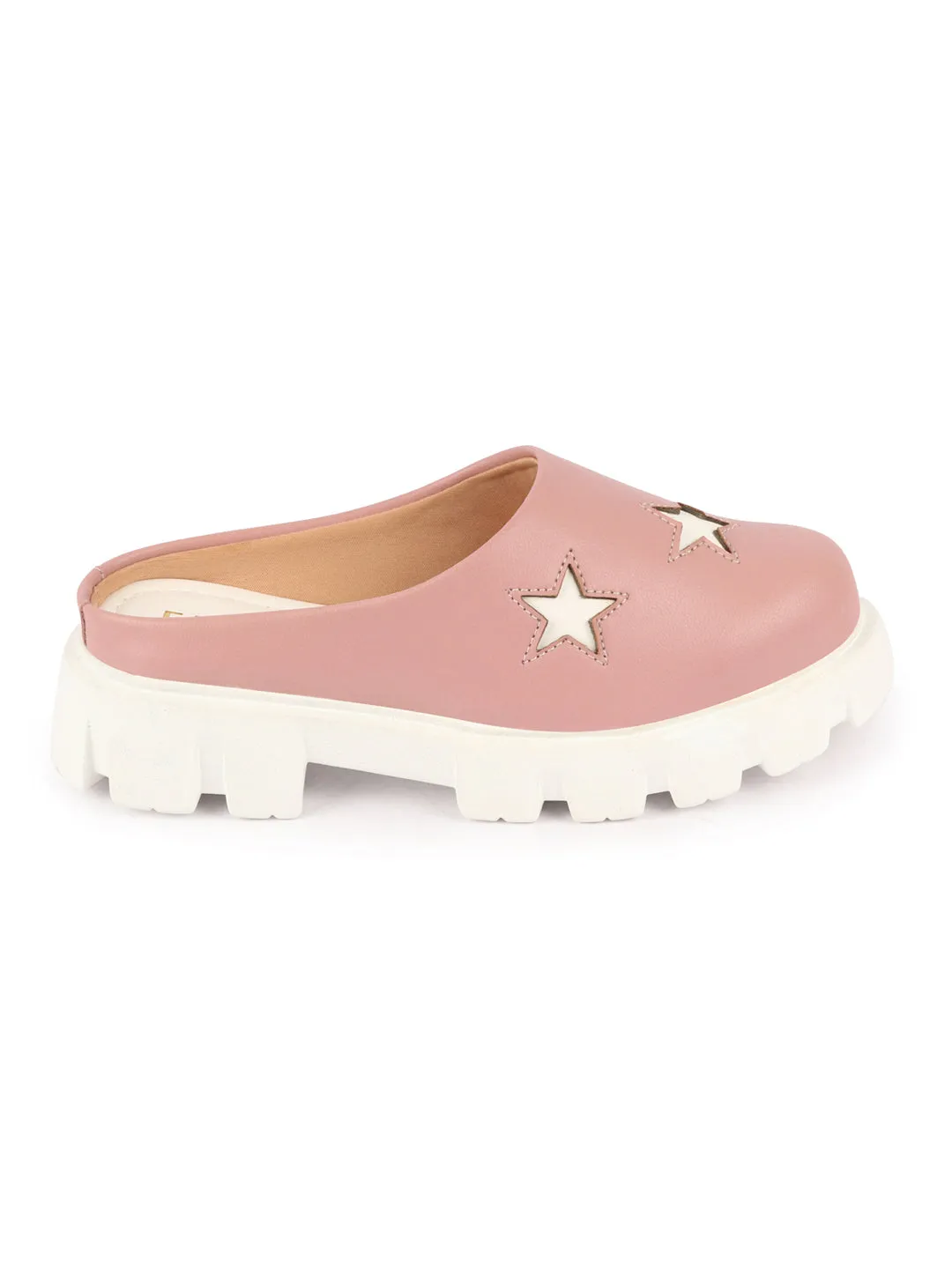 Women Peach Laser Cut Star Open Back Height Enhancer Slip On Casual Shoes