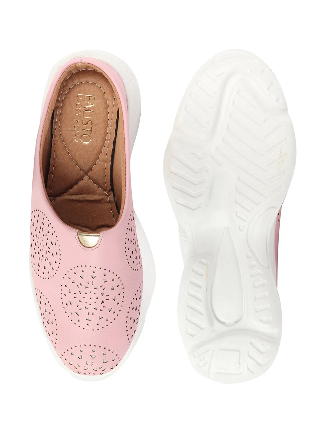 Women Pink Laser Cut Design Back Open Slip On Mules Shoes