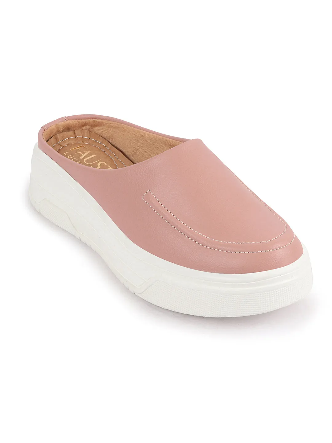 Women Pink Outdoor Fashion Stitched Design Open Back Platform Heel Slip On Casual Shoes