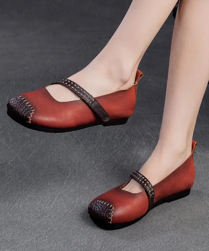 Women Red Cowhide Leather Splicing Flat Shoes SL1017