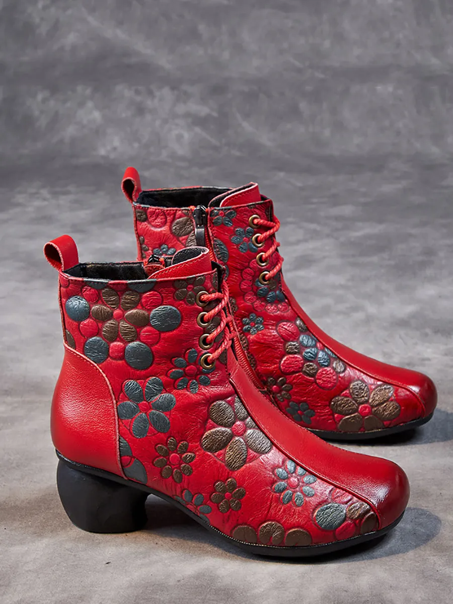 Women Retro Leather Flower Print Chunky Heel Boots