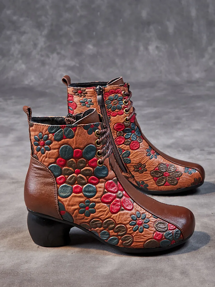 Women Retro Leather Flower Print Chunky Heel Boots