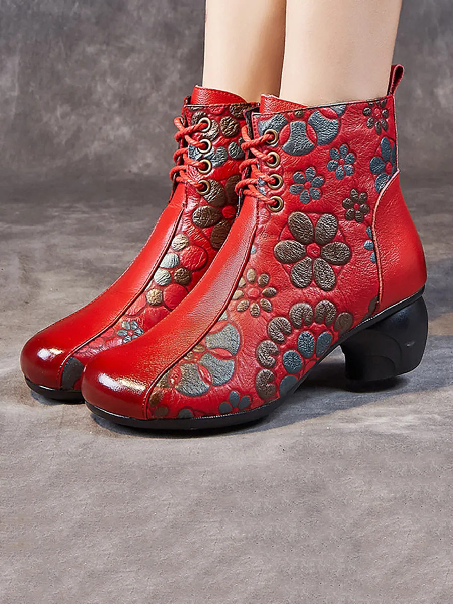 Women Retro Leather Flower Print Chunky Heel Boots