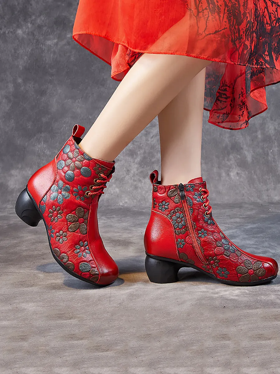 Women Retro Leather Flower Print Chunky Heel Boots