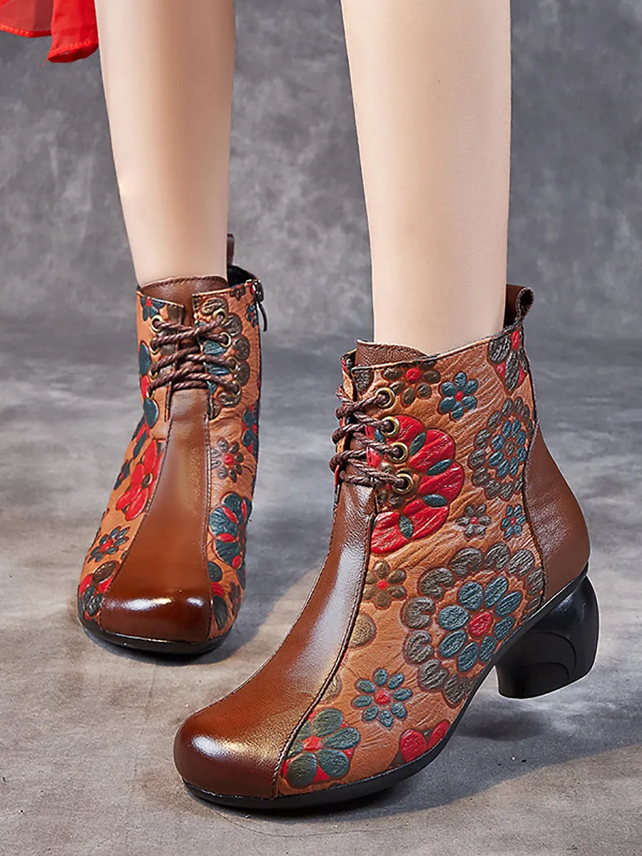 Women Retro Leather Flower Print Chunky Heel Boots