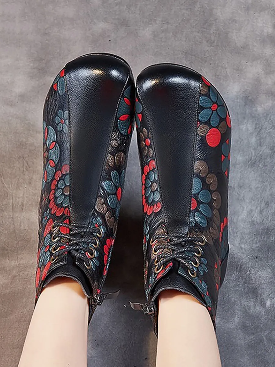 Women Retro Leather Flower Print Chunky Heel Boots