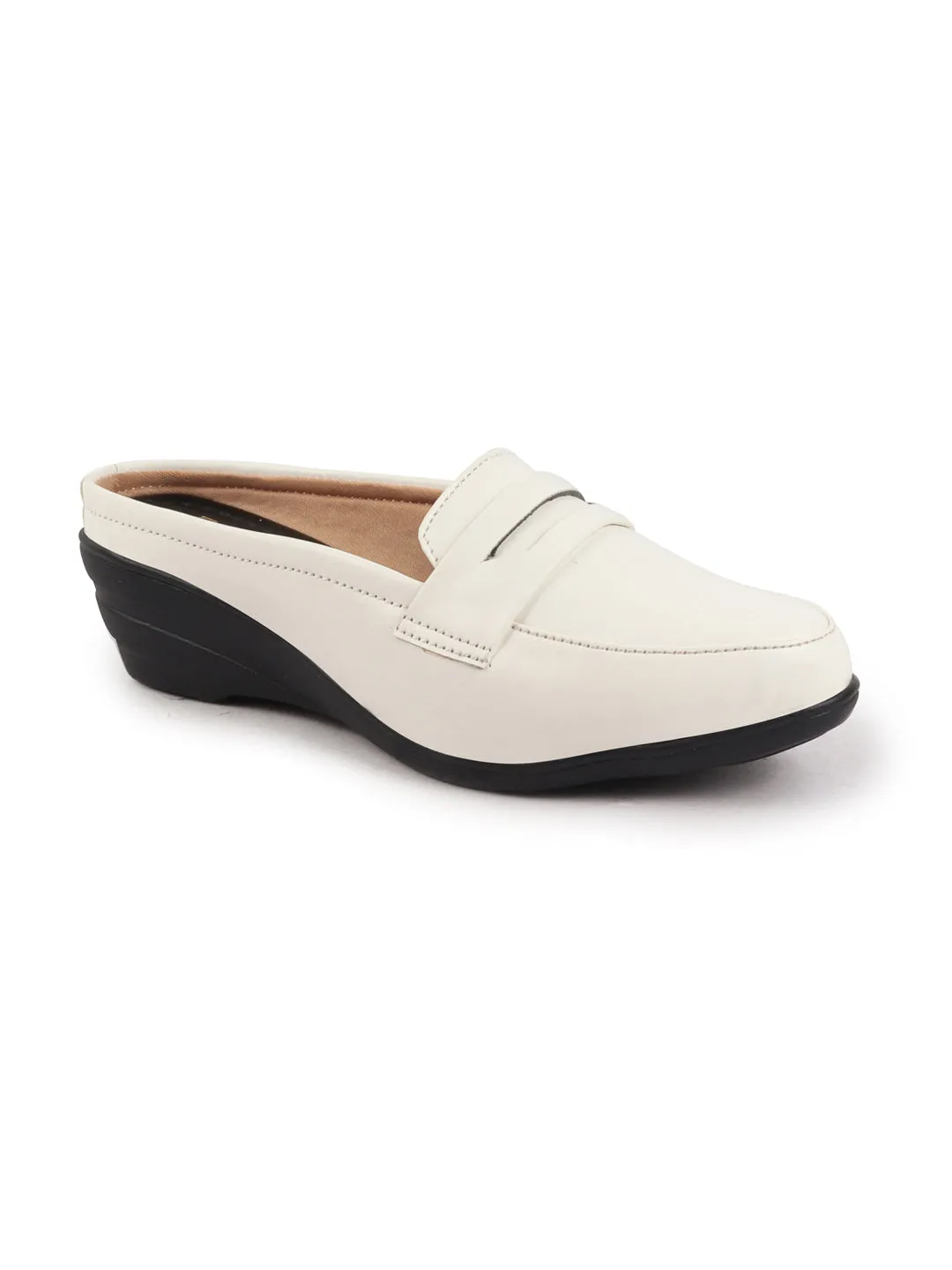 Women White Formal Back Open Platform Wedge Heel Slip On Loafer Shoes