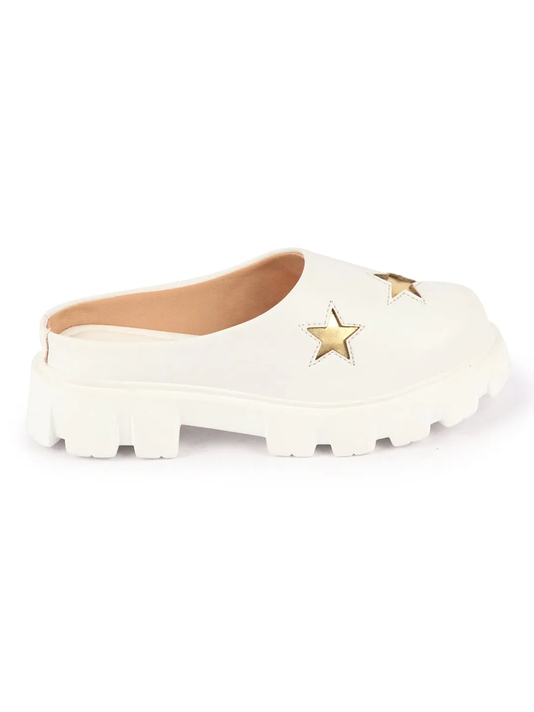 Women White Laser Cut Star Open Back Height Enhancer Slip On Casual Shoes