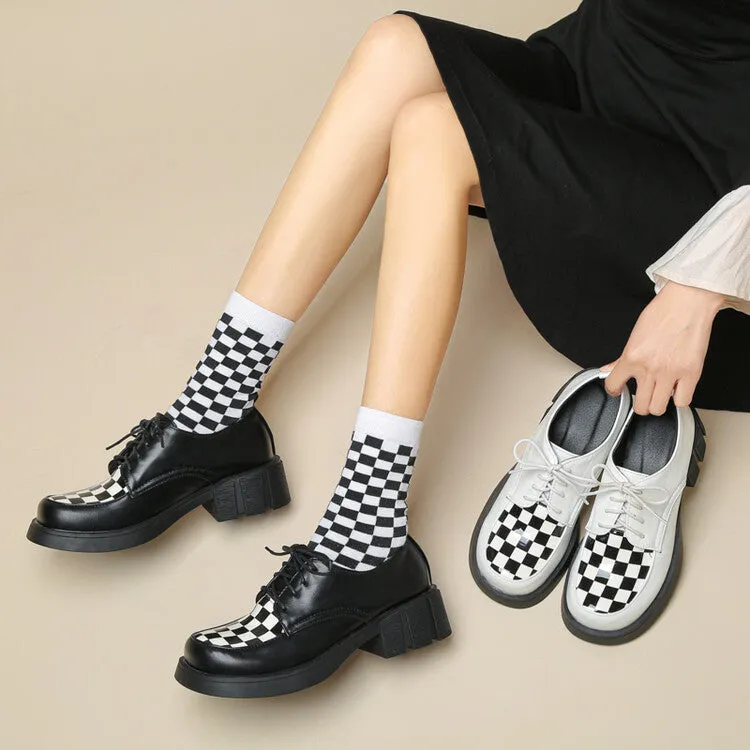 Women's Bicolor Lattice Lace Up Block Heel Shoes