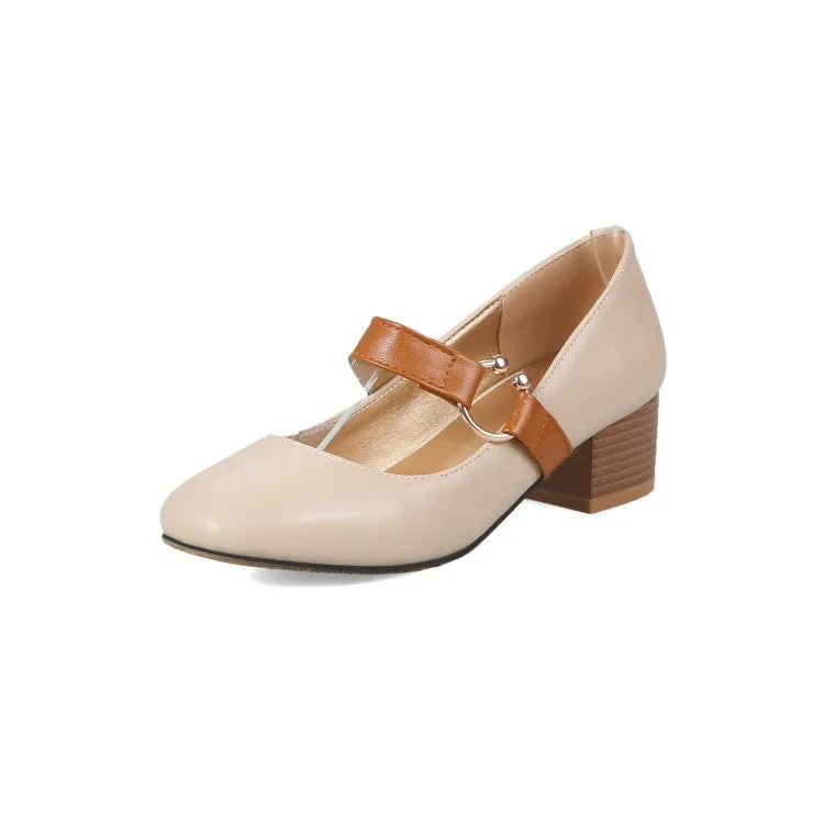 Women's Bicolor Mary Janes Block Heel Pumps