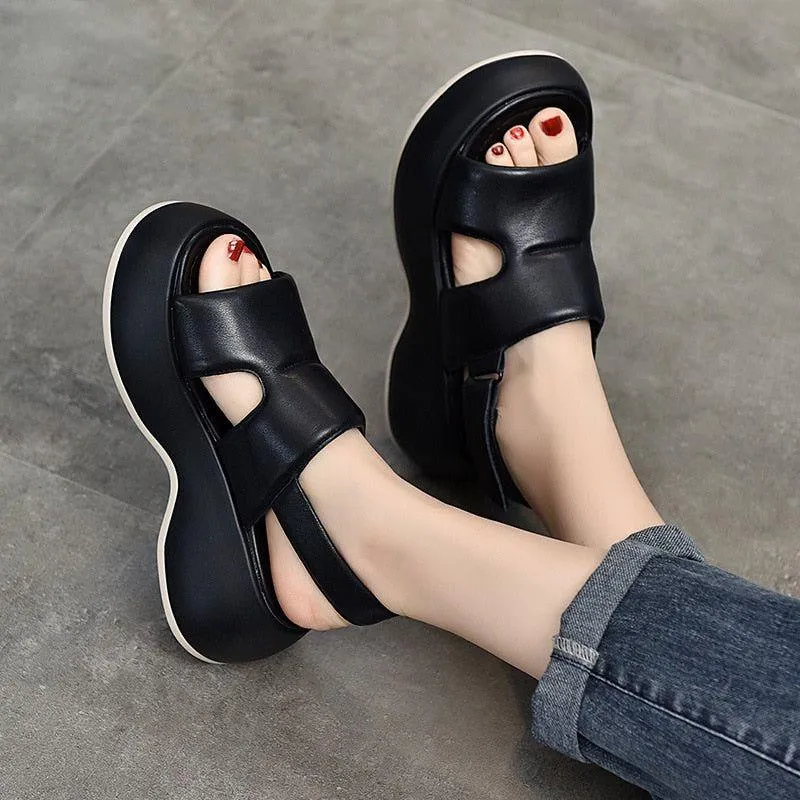 Women's Casual Shoes WM209 - Leather Platform Wedge Sandals