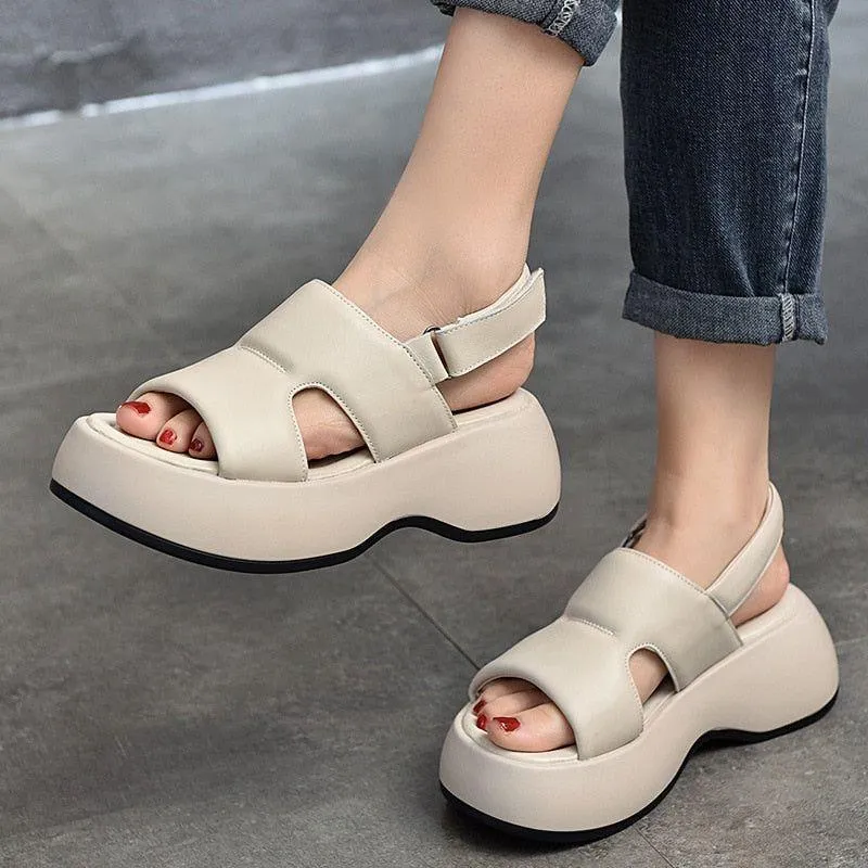 Women's Casual Shoes WM209 - Leather Platform Wedge Sandals