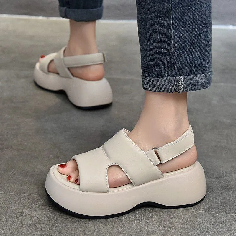 Women's Casual Shoes WM209 - Leather Platform Wedge Sandals