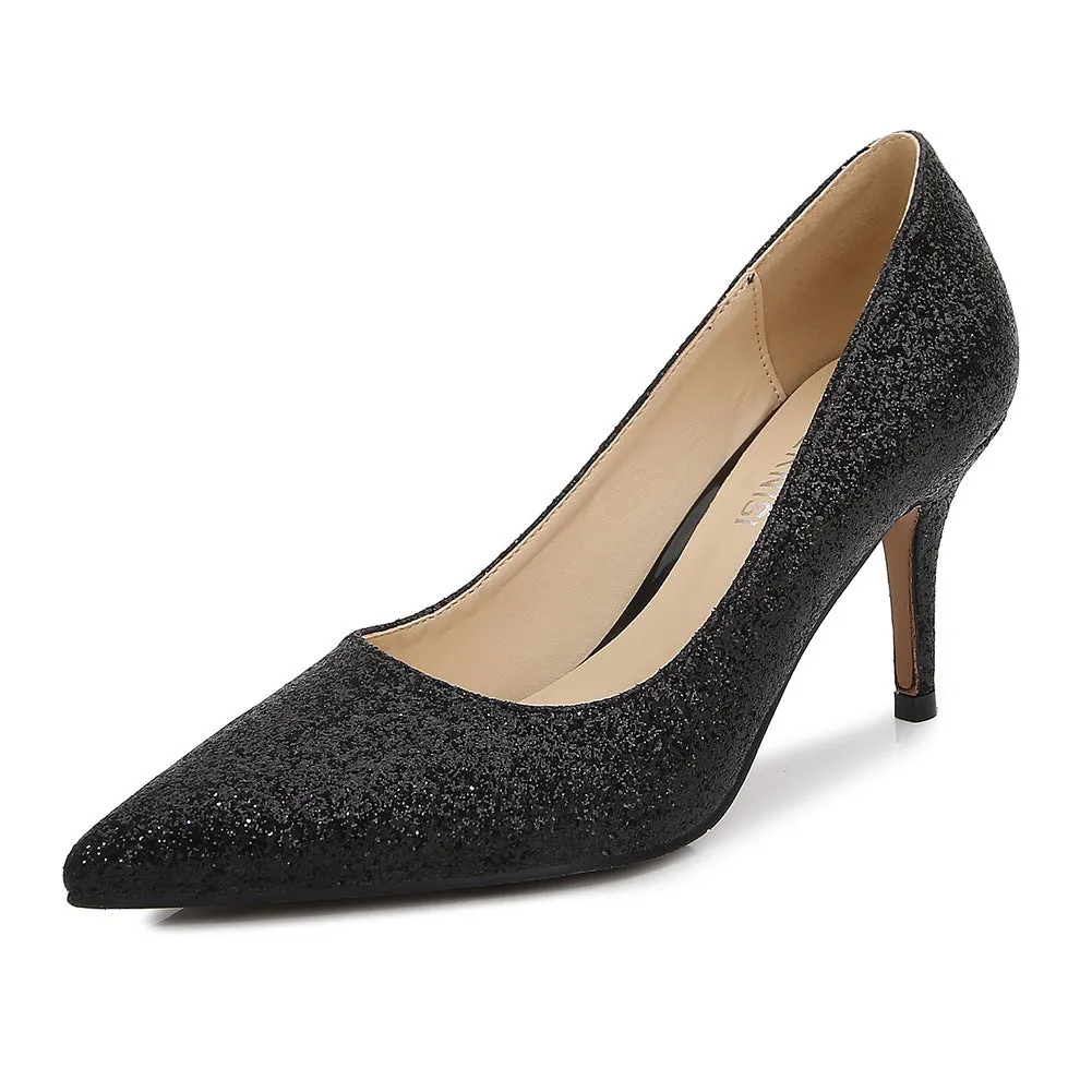 Women's Glittery Pointed Toe Shallow Stiletto Heel Pumps