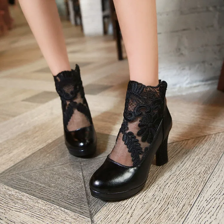 Women's Lace High Heeled Chunky Heels Shoes