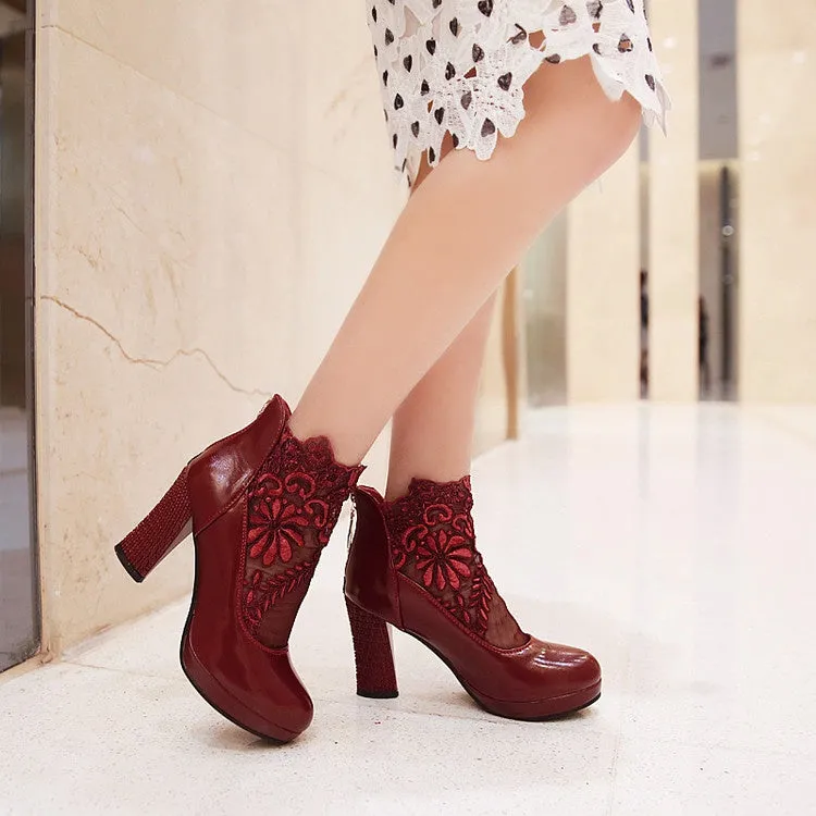 Women's Lace High Heeled Chunky Heels Shoes